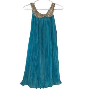 Sleeveless Teal Pleated Dress With Sequin Collar